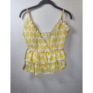 ​Girl Soul Size S Yellow White Floral Smocked Peplum Crop Top Cami Tiered Ruffle